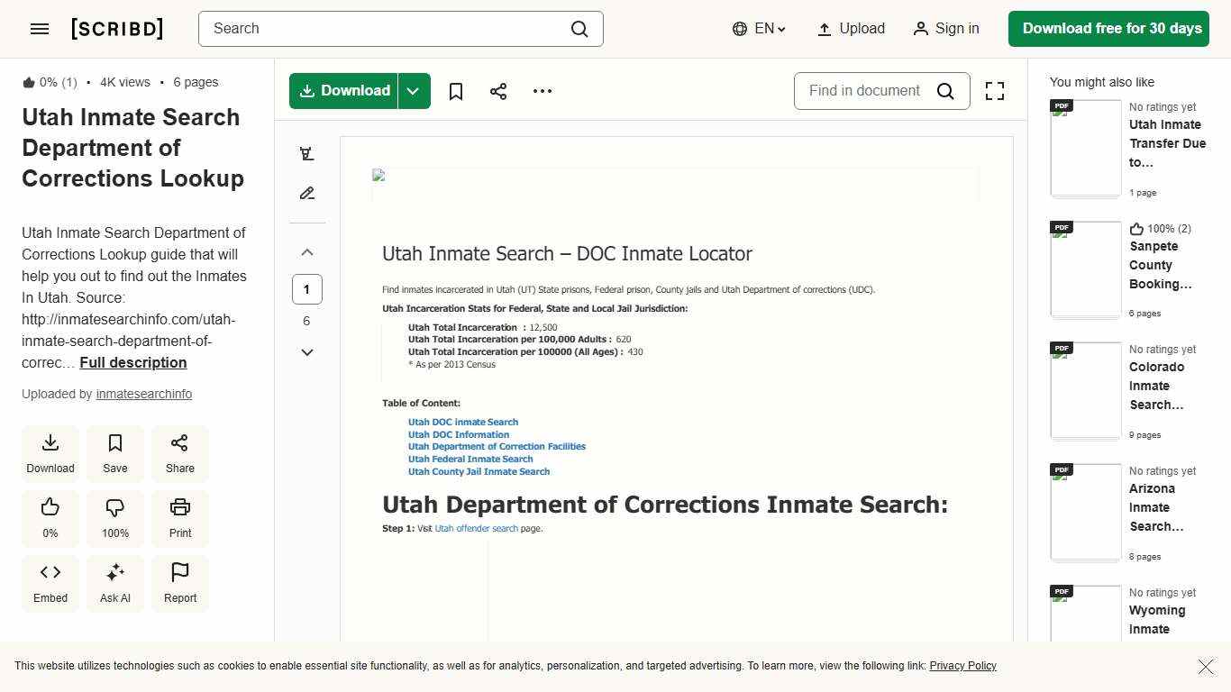 Utah Inmate Search Department of Corrections Lookup | PDF | Utah | Total Institutions